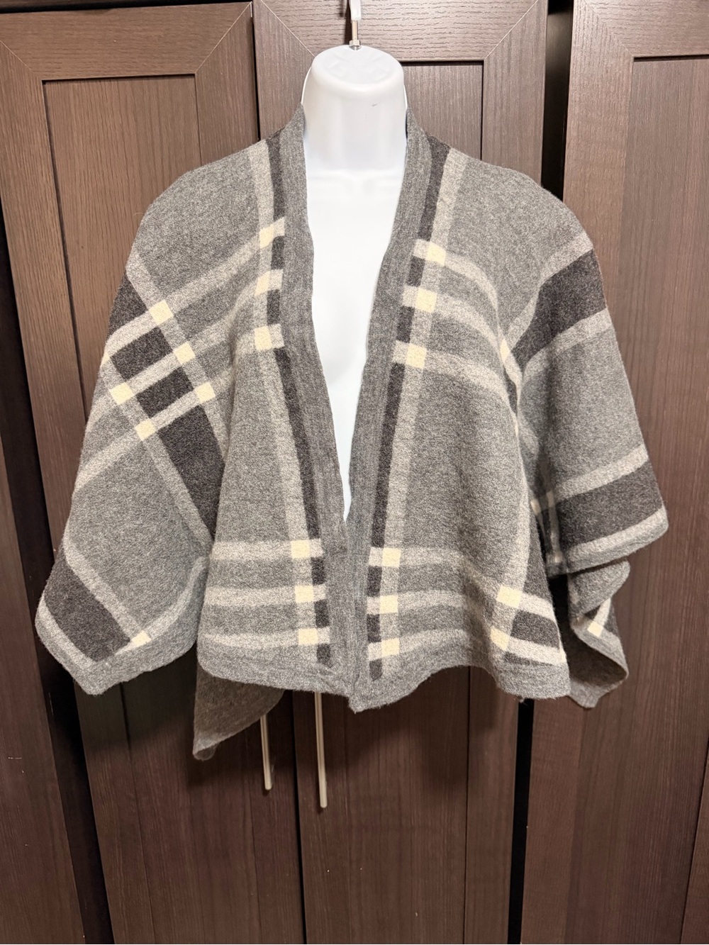 Kenar Gray and Cream Plaid Open-Front Poncho Sweater 100% Wool